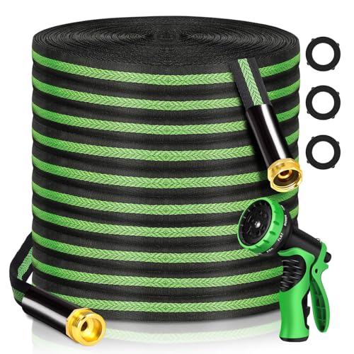 Garden Hose 100 ft Flexible Water Hoses Non-Expanding Lightweight Portable No Kink High Pressure Flat Fabric 3/4” fittings Leak-proof Durable Pipe for Outdoor Outside Yard Lawn Patio Watering Car Wash - size: 100FT