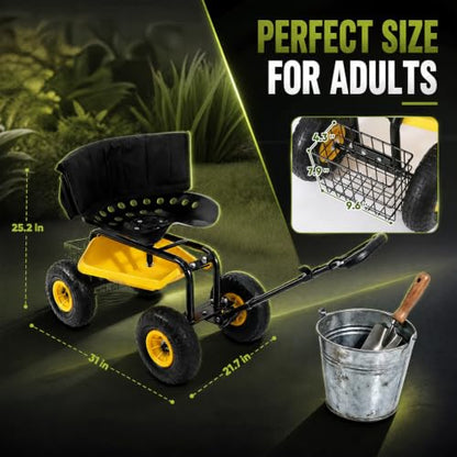 Sekey Rolling Garden Cart with Backrest, 440 lb, 360° Swivel Seat - size: 500LBS
