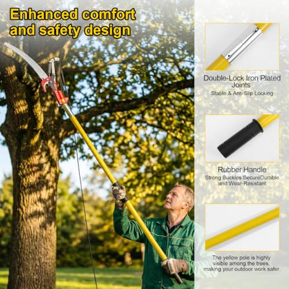 7.3-27FT Extendable Pole Saw with Scissors, Lightweight 8 Section Fiberglass Pole, Sharp High Carbon Steel Double-Hook Saw, Manual Tree Trimmer for High Branch Trimming,Lawn and Garden
