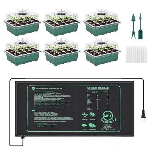 Sckee 6 Pack Seed Starter Tray with 10"x20.75" Seedling Heat Mat, Seed Starter Kit with Humidity Dome, Seed Starting Trays Plant Starter Kit and Base, Kit for Seeds Growing Starting