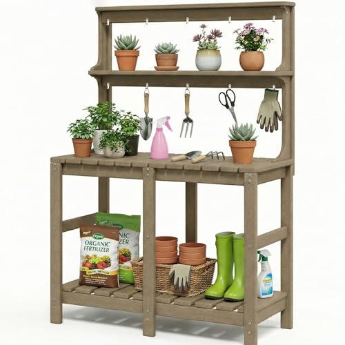 Outdoor Potting Bench with 3 Tier, All-Weather Patio Potting Table with Tool Hooks, HDPE Gardening Table for Backyard, Garden, Brown - color: Brown