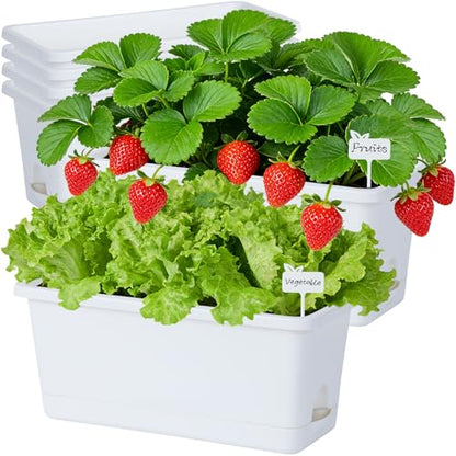 Oliz Window Box Planter 6 Packs, 13.8 Inches Rectangle Flower Pots with Drainage Holes & Trays, Pots for Vegetables, Herbs, Flowers, Garden Windowsill Balcony (White) - color: White