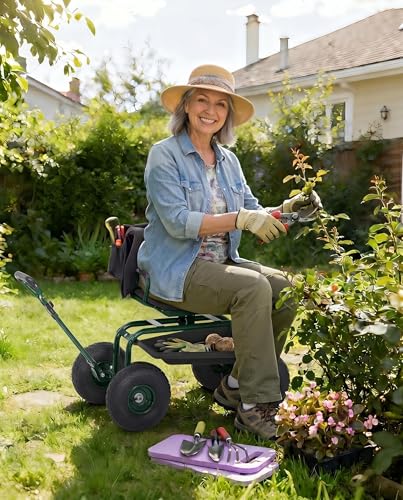 Garvee Heavy Duty Garden Cart, Garden Scooter Rolling Work Seat - color: Green With Back