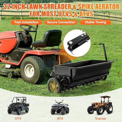 PPOLB 32 Inch Lawn Spreader with Aerator Spikes Tow Behind, 2-in-1 Broadcast Spreader & Lawn Aerator for ATV UTV Tractor, Heavy Duty Steel Hopper, Adjustable Flow Control, Lawn Care Seeder Fertilizer