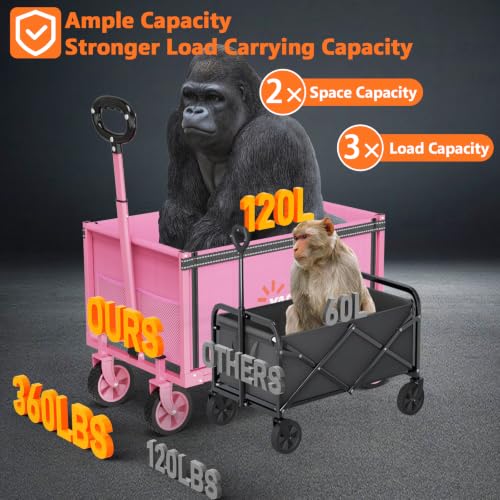 Yozoia 3 in 1 Wagons Carts Foldable,360LBS Beach Cart with Sturdy Wheels - color: Pink, size: 120L