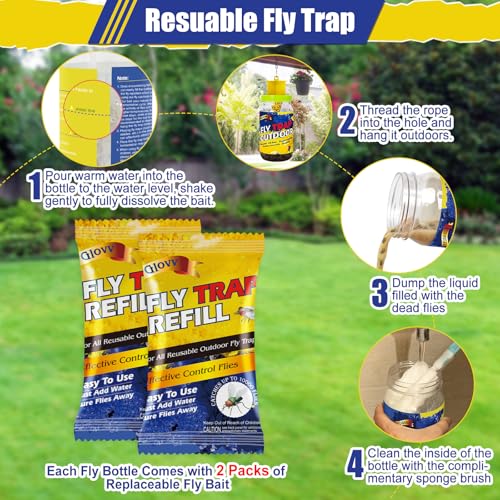 3 Reusable Fly Traps Outdoor Bottles, Fly Killer Catcher Jar with 6 Bait - size: 3 pack