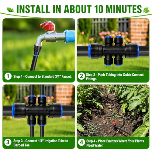 300FT Drip Irrigation System Kit, Quick Push-to-Connect Auto Garden Watering Irrigation System with 70FT 1/2'' & 230FT 1/4'' Tubing, Adjustable Dripper Sprayers for Raised Bed, Lawn, Greenhouse - size: 300FT