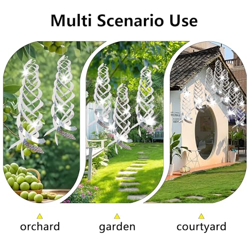 Spiral Reflective Bird Repellent Device 4Pcs, 17.8 Inch Silver Bird Deterrent Hanging Ornament, Wind-Activated Rotating Reflector, for Garden, Yard, and Balcony Window Bird Control