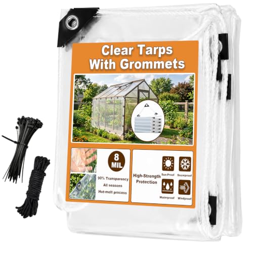 Clear Tarp 6x8 FT, Clear tarps Heavy Duty Waterproof, 8 Mil Vinyl Tarp with Metal Grommets, UV & Tear Resistant, Camping, Patio, Rain or Sun Shelter, Cars, Tarpaulin Home Garden Outdoor Use - size: 6 x 8 FT