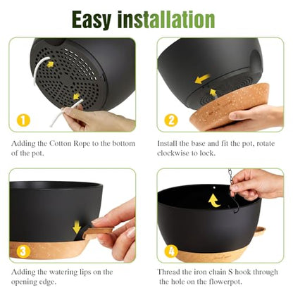 8 Inch Self Watering Hanging Planters Set of 3 with Saucers - color: Black Brown, size: 8 Inch 3 Pack