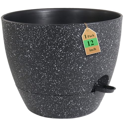 WSMKSZ 12 inch Large Self Watering Pots, Planter, Plant Pots with Mesh Drainage Holes for Indoor Outdoor House Plants and Garden, Plastic Flower Pots with Deep Reservoir, Speckled Black - color: Speckled Black, size: 12inch 1pcs
