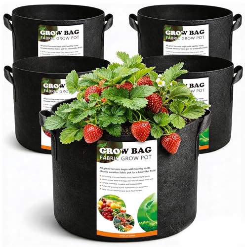 5 Pack 5 Gallon Grow Bags, Thickened Aeration Nonwoven Fabric Plant Pots with Handles, Heavy Duty 300G Garden Planting Bag for Tomato, Potato, Strawberry, Vegetable, Fruits and Flowers - size: 5 Gallon