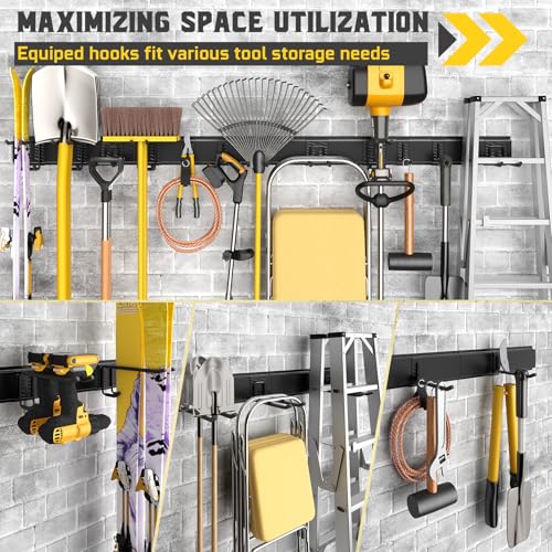 48" Garage Tool Organizer Wall Mount, 660lbs Heavy Duty Steel Garden Tool Storage Rack with 9 Adjustable Hooks for Yard, Shed, Garage (3 Racks, 9 Hooks, 2 Straps) - size: 48inch