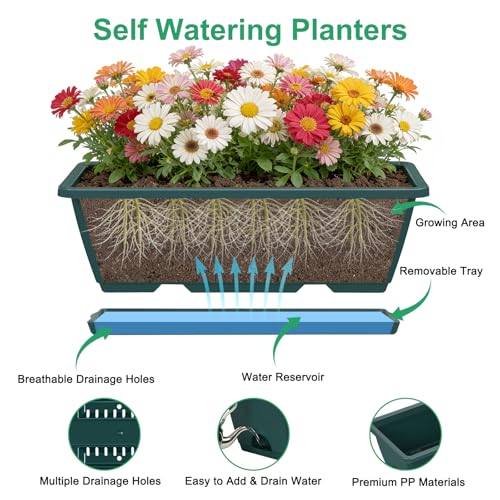 Deck Railing Planter Boxes 2 Tier Green Outdoor Hanging Planters Set of 2 - color: Green
