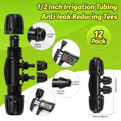12 Pcs 1/2 Inch To 1/4 Inch Irrigation Tubing Fittings, 1/2"(1/2" ID x 0.65" OD) To 1/4" Drip Barbed Tee Adapter 16mm Anti-Drop Locked Nut T Reducer To 1/4" Distribution Line Connector - size: 1/2" To 1/4" Tee-4Way