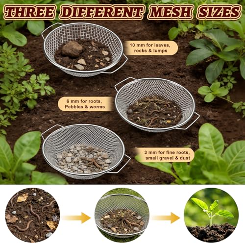 3PCS Soil Sifter 3,6,10mm Rock Sifting Screen with Handle Shovel Gloves - size: 3PCS(1/8in,1/4in,3/8in)