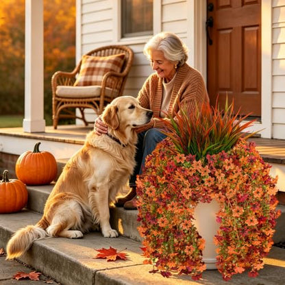 7PCS Artificial Fall Hanging Flowers for Outdoor, Six-Petaled Faux Mums - color: Orange Red