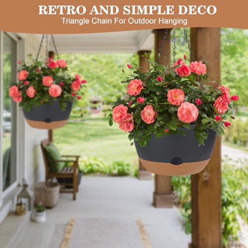 3 Pack Hanging Planters Set, 10inch Self-Watering Hanging Plant Pot, Macrame Plant Hanger with Pot, Chains, S & Ceiling Hooks, Removable Saucer and Drainage Holes for Indoor, Outdoor Plants - Black - color: Black