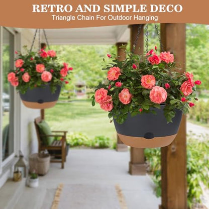 3 Pack Hanging Planters Set, 10inch Self-Watering Hanging Plant Pot, Macrame Plant Hanger with Pot, Chains, S & Ceiling Hooks, Removable Saucer and Drainage Holes for Indoor, Outdoor Plants - Black - color: Black