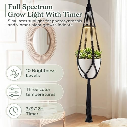 Huquary 3 Pack Macrame Hanging Plant Hanger with Grow Light,Black - color: Black