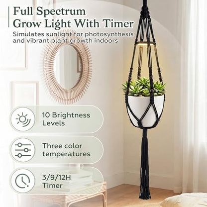 Huquary 3 Pack Macrame Hanging Plant Hanger with Grow Light,Black - color: Black