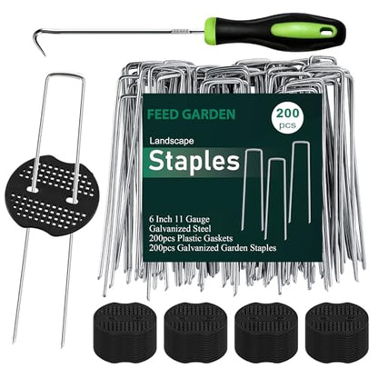 FEED GARDEN Landscape Staples 6 Inch 200 Pack Kit, Heavy Duty 11 Gauge Hot-Dip Galvanized Garden Stakes with 200 Gaskets & 1 Pick Hook for Weed Barrier, Landscape Fabric, Sod, Turf & Garden Edging