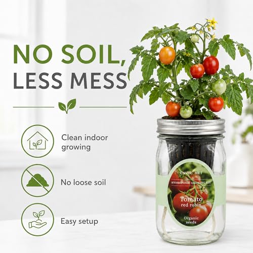 Hydroponic Tomato Growing Kit, Self-Watering Mason Jar Tomato Garden Starter Kit Indoor, Grow Tomatoes from Organic Seeds (Red Robin Tomato) - color: Tomato- Red Robin