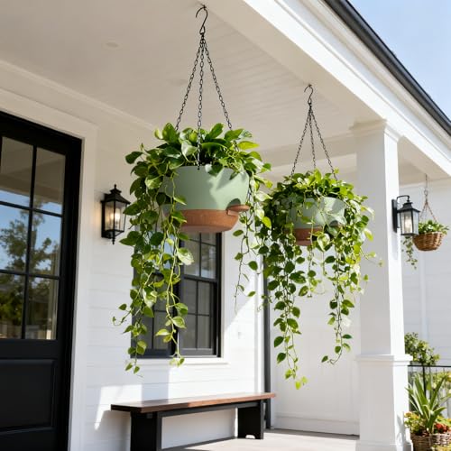 UOUZ 13 Inch 2 Pack Large Self Watering Hanging Planters for Indoor Outdoor Plants, Hanging Plant Pots with Removable 50 Oz Reservoir, Plastic Hanging Basket for Window Porch Garden, Green with Brown - color: Green With Brown