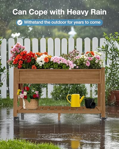 YEFU Raised Garden Bed with Legs, HIPS, Waterproof, 57x18x30in, 2pcs, Teak - color: Teak, size: All-in-One Rolling Planter(2PCS)
