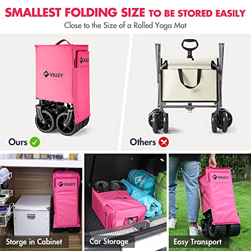 VILLEY Collapsible Folding Wagon with Big Wheels, Enlarged 225lbs Capacity, All Terrain Wagons Carts Heavy Duty Foldable, Portable Utility Garden Cart with 2 Cup Holders and Brake, Pink. - color: Pink