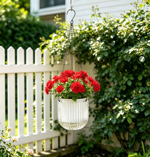 Melphoe 2 Pack Self Watering Hanging Planters Indoor Flower Pots, 5.3 Inch Outdoor Hanging Basket, Plant Hanger with 3Hooks Drainage Holes for Garden Home (White) - color: White, size: 5.3''+5.3''