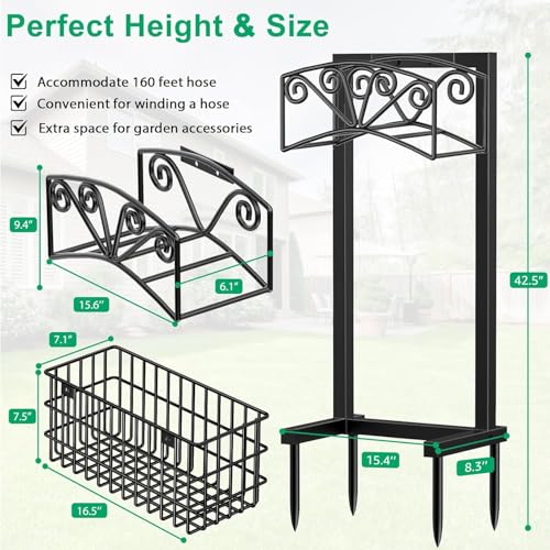 TomCare Garden Hose Holder, Heavy Duty Water Hose Hanger for 160FT Hose - color: All Black, size: 15″ W