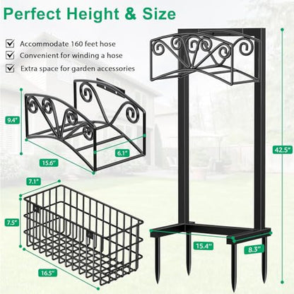 TomCare Garden Hose Holder, Heavy Duty Water Hose Hanger for 160FT Hose - color: All Black, size: 15″ W