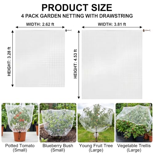 4 Pack Garden Netting with Drawstring, Bird Netting Plant Protection Bags in 2 Sizes for Tomatoes, Blueberries, Vegetables, Fruit Trees, Cicadas and Garden Pest Barrier