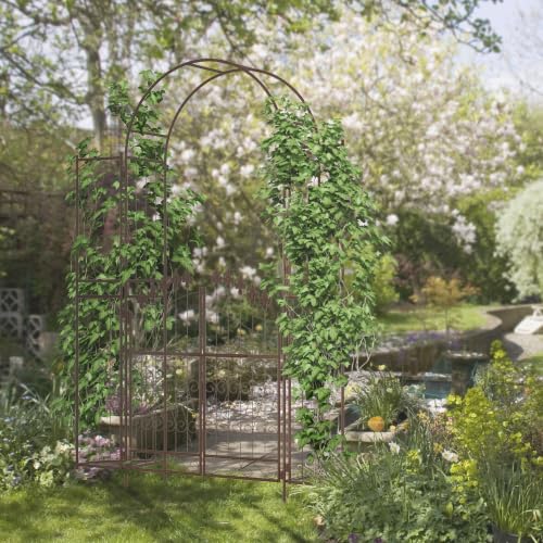 Outsunny 7' Metal Garden Arbor Garden Arch with Gate Planter Shelves Brown