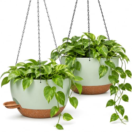 2 Pack 12 Inch Self‑Watering Hanging Planters Plant Pots, Green‑Brown - color: Green Brown