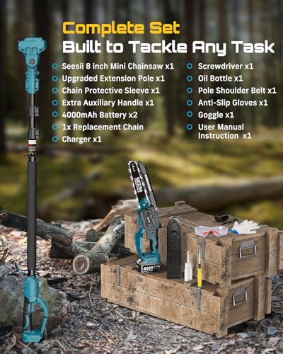 SEESII 2-in-1 Cordless 8 Inch Pole Saw & Mini Chainsaw, 2×4.0Ah Batteries - color: Deep Blue