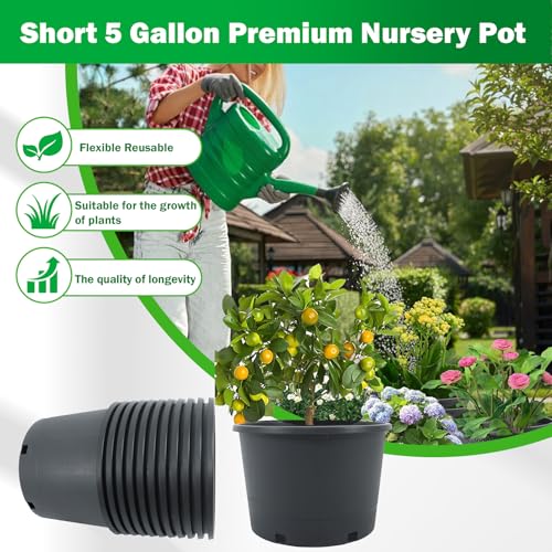 Short 5 Gallon Pot for Plants, Sturdy Plastic Planter Pots with Drainage Holes, Large Plastic Planters, for Seedlings, Succulents - size: 10 Pcs 5 Gallon Short