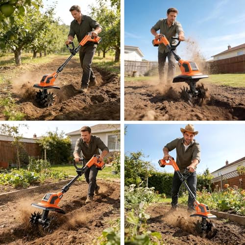 20V Cordlees Tiller Cultivator for Gardening, 400RPM Brushless Electric Garden Tiller Battery Powered((2*3.0Ah Battery&Charger), 9.5"Width 7"Depth, Garden Rototiller for Yard/Lawn/Soil Tiller (Orange)
