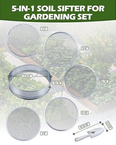 5-in-1 Soil Sifter Set with 5 Replaceable Stainless Steel Mesh Screen & Shovel (1/8" to 1/2"), Soil Sifter for Soils, Compost, Bonsai, Cat Litter and More（11-5/8" Diameter）