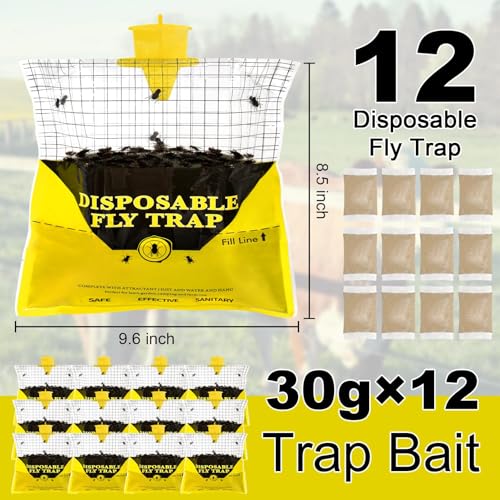 12 Pack Outdoor Fly Trap Bags Hanging - 12 * 30g Bait, Durable, Effective - size: 12 Pack