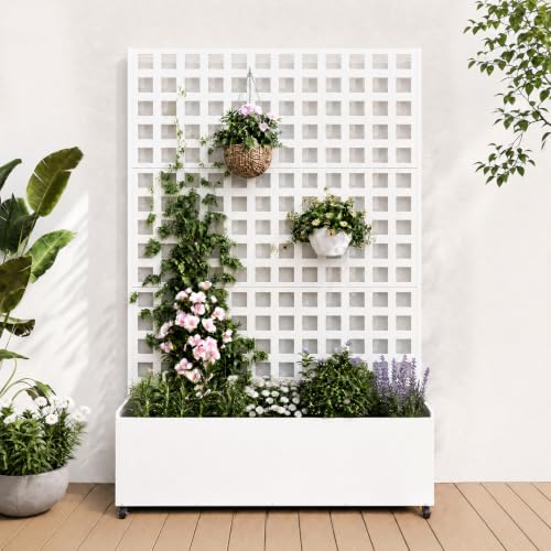 Garvee Metal Planter Box with Trellis and Wheels 71"x47"x16", Drainage Hole - color: Grid - White, size: with wheels