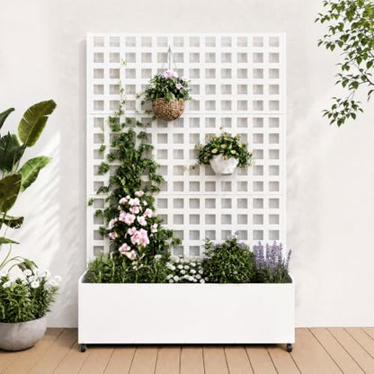 Garvee Metal Planter Box with Trellis and Wheels 71"x47"x16", Drainage Hole - color: Grid - White, size: with wheels