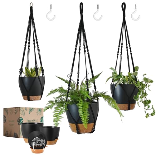 3 Pack Large Hanging Planters for Indoor Plants with Macrame Plant Hangers - color: Black, size: Large
