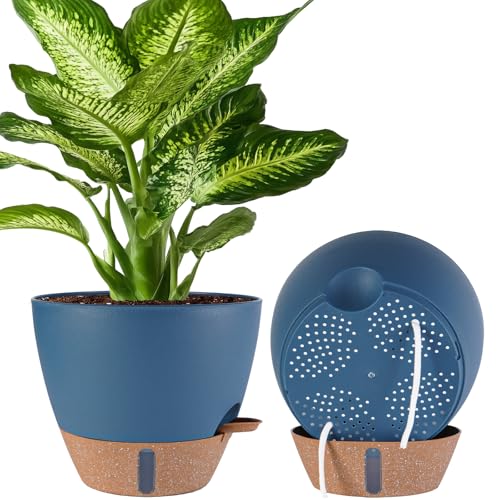 2 Pack 10 inch Plant Pots, Plastic Self Watering Planters - color: Navy Blue, size: 10 inch
