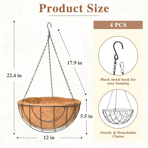 4 Pack Hanging Planter for Outdoor Plants 12 inch Metal Hanging Flower Basket with Coco Coir Liner Round Wire Plant Holder Chain Flower Pots Outdoor Garden Decoration Watering Hanging Baskets（DQ） - size: 12" x 4 Pack, style: Earth