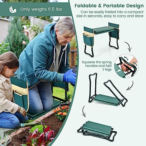 Goplus Garden Kneeler and Seat, Foldable Garden Bench for Kneeling & Sitting, Widened 8" EVA Soft Foam Pad, Heavy-Duty Garden Stool w/ 2 Large Tool Pouches, Gardening Gift for Women Men Seniors - color: Green, style: With 2 Bags