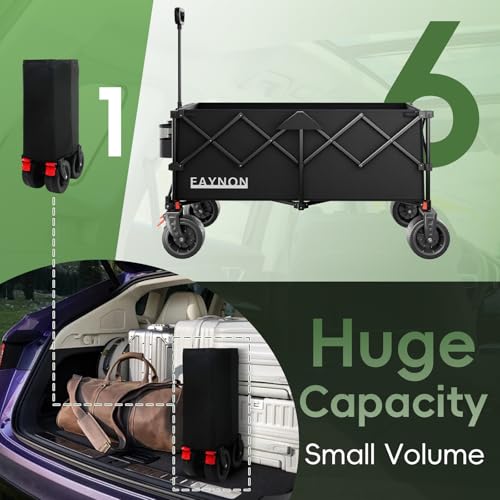 46" L Collapsible Foldable Extended Wagon, 500LB Weight Capacity with 280L Heavy Duty Folding Cart,Utility Wagon with All-Terrain Beach Wheel & Drink Holders,Black - color: Carbon Black