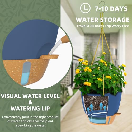 ZMTECH 10 Inch Hanging Planters for Indoor Plants & Outdoor - 2 Pack Self-Watering Hanging Pots with Drainage Holes, Visual Reservoir, Plastic Hanging Baskets Flower Pots with Removable Saucer, Blue - color: Blue, size: 10 Inch