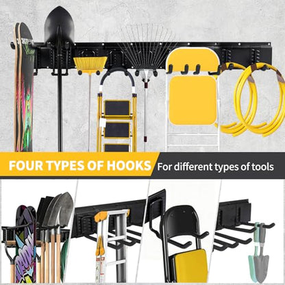 66'' Heavy-Duty Garage Tool Organizer Wall Mount – 720lbs Capacity Metal Rack with Adjustable Hooks for Rake, Broom, Shovel, Snowboard & Garden Tools